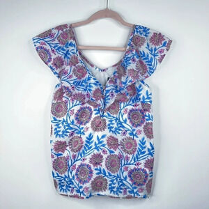 J Crew Ruffle V Neck Top Floral Vine Block Print Blue Pink Sleeveless Size XS